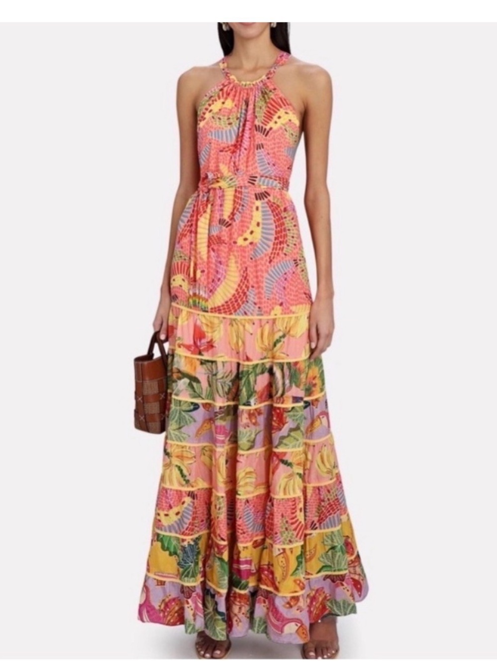 FARM Rio Coral and Yellow Halter Tiered Maxi Dress